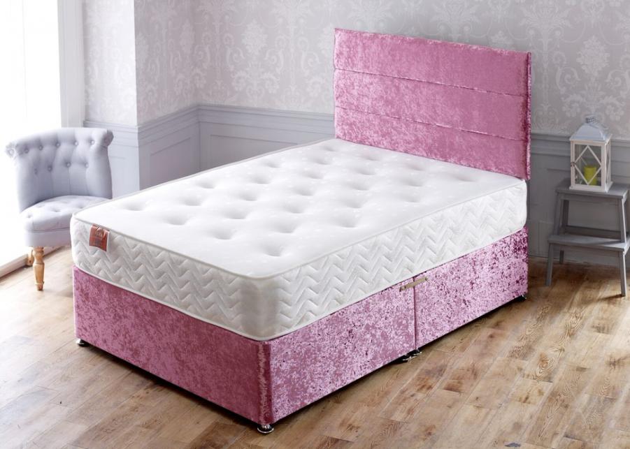 Designer Headboard Plush Pink Open Coil Spring Memory Foam Mattress Revive Direct Plush Divan Bed with Orthopaedic Mattress 3ft Single 