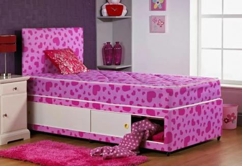 DreamMode The Pink Hearts Divan Bed with Sliding Storage and Headboard Includes Base Mattress and Headboard